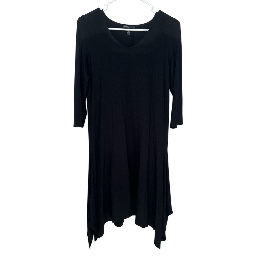 Eileen Fisher Black Viscose Jersey 3/4 Sleeve Handkerchief Hem Dress Small S/P
